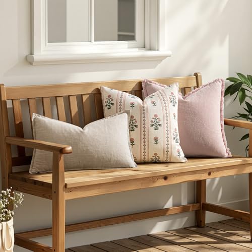 Decorative Vintage Striped Floral Throw Pillow Covers 18x18 Inch Set of 2 Pink Farmhouse Boho Botanical Print Cushion Covers for Sofa Couch Chair Bedroom Living Room Summer Home Decor - color: Pink, size: 18" x 18" (Pack of 2)