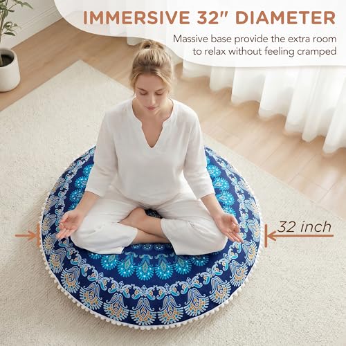 Codi Meditation Floor Pillow, Round Large Pillows Seating for Adults and Teens, Bohemian Mandala Circle Cushion for Outdoor Fireplace Yoga Living Room, 32 Inch, Memory Foam Added, Navy - color: Round | Navy, size: 1 Count (Pack of 1)