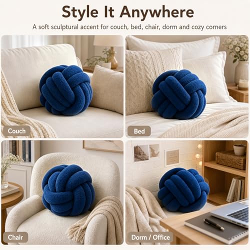 Petrella Navy Blue Knot Pillow Ball, Handmade Soft Lambswool Round Throw Pillow for Chair, Couch and Modern Room Decor, Small Decorative Pillows, Knotted Accent Cushion, 8 Inch - color: Navy, size: 8inch