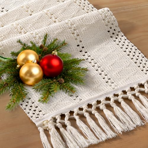 Socomi Boho Table Runner Summer Farmhouse Woven Cotton Linen Rustic Coffee Table Runner with Tassels for Dresser Scarf Home Decor Dining Room 12x90 inch Beige - color: Beige, size: 12" X 90"