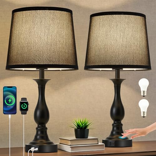 Bedside Table Lamp Touch Control Bedroom Lamps with USB A + C Charging Port 3 Way Dimmable Touch Lamps for Nightstand Living Room Bedroom Dorm Home Office Reading, Set of 2 (Black Shade & Black Base) - color: Black Shade & Black Base
