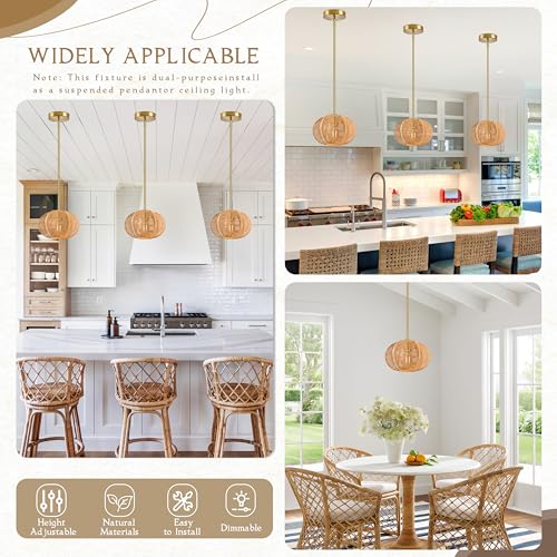 Mini Rattan Pendant Light Hemp Rope Rattan Light Fixture Woven Pendant Wicker Chandelier Boho Chandelier for Bedroom Kitchen Island - color: 8.7" Natural