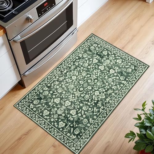 Vintage Entryway Rug Indoor, Forest Green Washable Rug 2x3, Small Area Rug with Non-Slip Backing, Floral Print Thin Faux Wool Super Soft Door Mat for Kitchen, Entrance, Bedroom, Office - color: Forest Green, size: 2' x 3' (Rectangular)