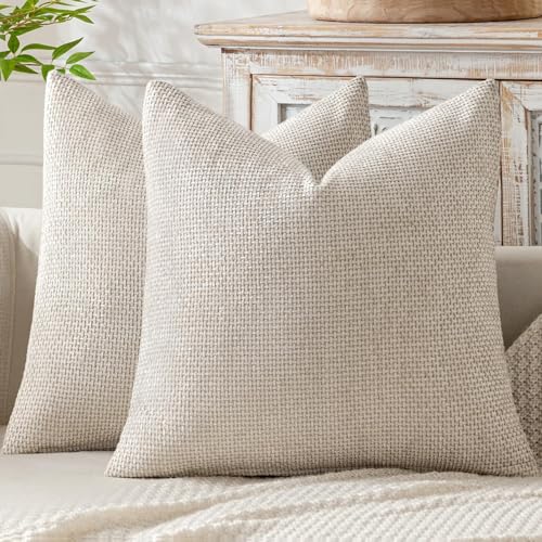 MIULEE Pack of 2 Couch Throw Pillow Covers 18x18 Inch Neutral Beige Modern Boho Accent Decorative Pillow Covers Soft Chenille Farmhouse Cushion Covers for Home Decor Bed Sofa Living Room - color: Beige, size: 18" x 18" (Pack of 2)