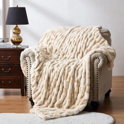 WDCOZY Ruched Faux Fur Throw Blanket Soft Cozy Fluffy Luxurious Blankets Couch Bed Sofa Chair Home Decor Warm Furry Fall Winter Plush Rabbit Fur Bubble Blanket 50" x 60", Caramel Beige Camel Neutral - color: Caramel, size: Throw (50" x 60")