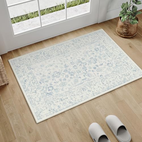 PureCozy 2x3 Blue Entryway Area Rug Machine Washable Door Mat Kitchen Vintage Distressed Non Slip Carpet Indoor Retro Floral Accent Throw Small Rug for Bathroom Office Bedroom Living Dining Room - color: Blue, size: 2' x 3' (Rectangular)