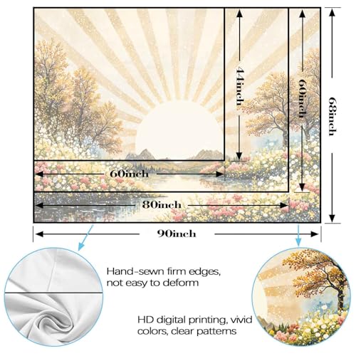 Lunerfex Sunburst Floral Tapestry - Nature Landscape Wall Hanging with Forest and Lake - Rustic Cottagecore Decor 80"x60" - color: Bright Yellow, size: 80"L x 60"W