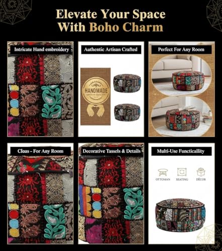 Bohemian Indian Patchwork Ottoman Pouf Cover – 14"x22" inchRound Cotton Embroidered Footstool Pillow – Vintage Ethnic Decor, Black (Cover Only) - color: Black, size: 22"D x 22"W x 14"H