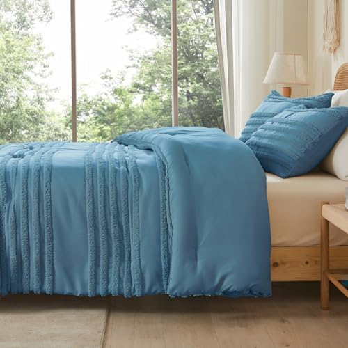 BEDELITE Boho Twin/Twin XL Comforter Set，Dusty Blue Tufted Striped Bed Set 2 Pieces, Soft Vintage Farmhouse Comforter for College, Boho Home Dorm Decor, Fluffy Jacquard Bedding with 1 Pillow Sham - color: Dusty Blue, size: Twin/Twin XL