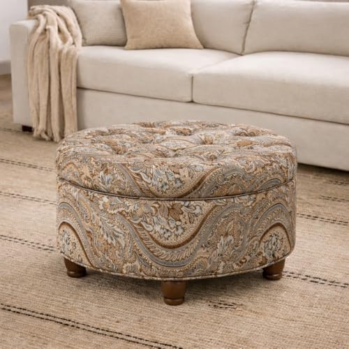 Homepop Home Decor |N8264-F1044 | Large Button Tufted Woven Round Storage Ottoman | Ottoman with Storage for Living Room & Bedroom, Traditional Paisley - color: Brown and Teal