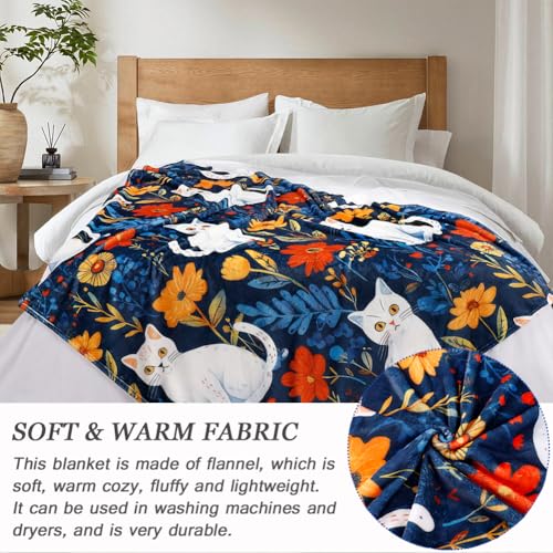 Cute Cat Throw Blanket Colorful Floral Wildflower Bed Blanket Flower Cat Print Blankets for Cat Lovers Super Soft Flannel Fleece Throw Blanket for Bed Couch 50” x 60” - color: Cat Flower, size: 50" X 60"