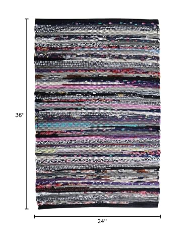 Cotton Hosiery Hand Woven Area Rug 2x3 Feet - Dark Multi, Accent Decorative Farmhouse Reversible Throw Indoor Carpet Ideal for Entryway, Kitchen, Laundry | Black Small Soft Floor Mat for Nursery - color: Dark Multi Hoisery, size: 2 x 3 feet