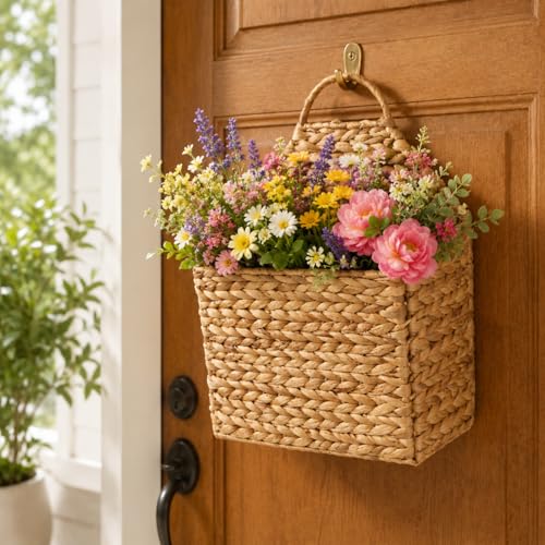 Hanging Wall Basket - Flat Back Woven Storage Organizer for Mail, Books, and Magazines - Decorative Wall Hanging Basket Decor for Front Door, Entryway, and Farmhouse Home Decor, Beige