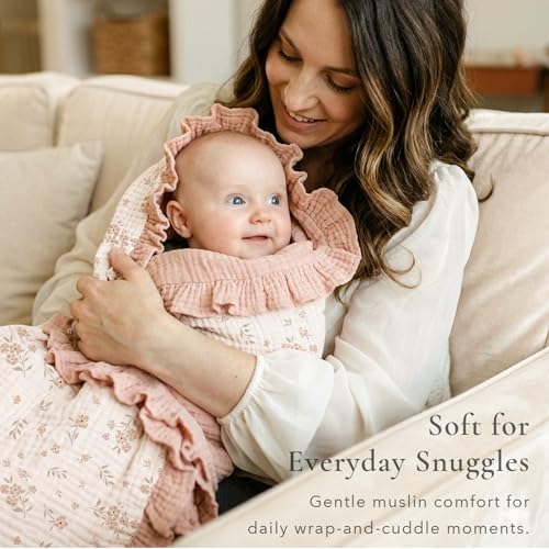 Konssy Flounce Muslin Baby Blanket for Girls Boys 47 x 47 Inches, 100% Cotton Soft Crib Swaddle Blankets, Reversible & Breathable Nursery Bedding for Newborns Toddlers (Blossom) - color: Blossom, size: 47"x47"