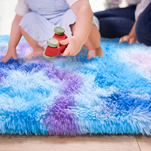 junovo Ultra Soft Washable Shaggy Rug - Non-Slip Oval Carpet for Nursery, Kids Bedroom & Home Decor (2.6x5.3ft Tie-Dye Blue Purple) | Plush Fluffy Floor Mat for Cozy Living Spaces - color: Tie-dye Blue Purple, size: 2.6' x 5.3'
