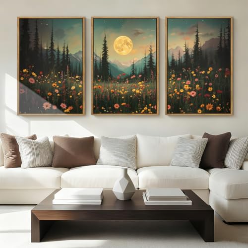 ANHUIB Moon Forest Wildflower Wall Art, Moonlit Pine Tree Wall Decor Dark Mountain Paintings Set of 3 for Living Room Bedroom Dining Room 16x24 Inch - color: Moon Night, size: 24"L x 16"W