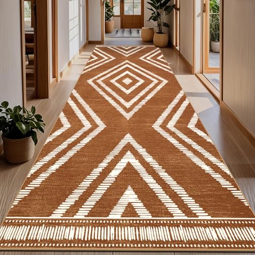 Boho 4x10 Hallway Runner Rugs Non Slip, Long Brown Washable Farmhouse Kitchen Rug Runners Non Shedding, Moroccan Floor Carpets for Bedroom Entryway Living Room Home Decor - color: Brown, size: 4' x 10' (Rectangular)