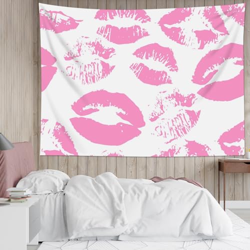 SCECALA Pink Kiss Lips Tapestry Modern Fashion Makeup Wall Art Tapestry Pink and White Fashion Aesthetic Wall Hanging for Girls Bedroom College Dorm Makeup Room Home Decor 80x60 Inch - color: Pink, size: 60"L x 80"W