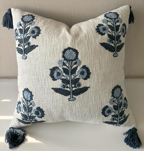 Blue Floral Hand Embroidered 20x20 Throw Pillow Cover - Ivory Cushion Cover for Sofa Couch Living Room - Crewel Grandmillennial Farmhouse Decor - Russell Motif - color: Ivory-russell Motif, size: 20" x 20" (Pack of 1)