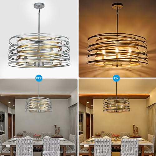 ACNKTZ 23.6'' Large Vintage Round Chandelier, 6-Light Modern Farmhouse Lantern Chandelier, Antique Double Drum Chandelier for Dining Room Entryway Kitchen Island Foyer, Silver with Gold Interior - color: Silver with Gold Interior, size: 23.6"/6-Light