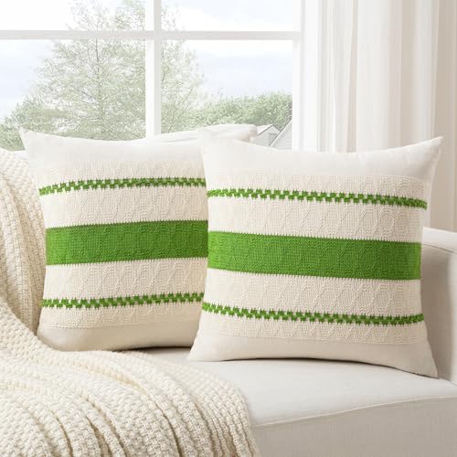 Fancy Homi Set of 2 Boho Lime Green Decorative Throw Pillow Cover 16x16 Inch for Couch Bed Sofa, Aesthetic Modern Organic Farmhouse Home Decor, Soft Cotton Cute Accent Macrame Woven Cushion Case - color: Lime Green, size: 16" x 16" (Pack of 2)