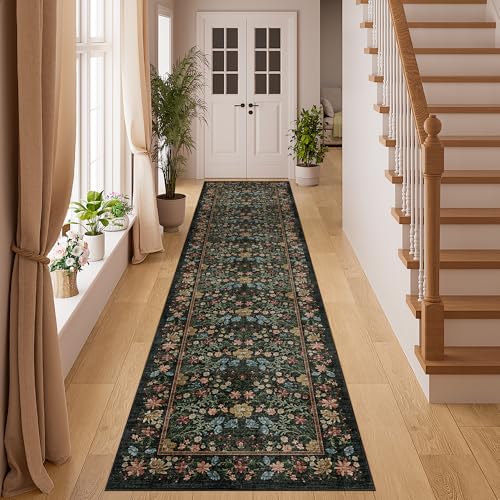 DUKONO 2x8 Runner Rug for Hallway, Non Slip Vintage Floral Kitchen Runner Rug with Non Shedding, Lightweight Soft Indoor Low Pile Carpet for Entryway, Kitchen, Bathroom, Bedroom, Laundry, Black - color: Black, size: 2' x 8' (Rectangular)