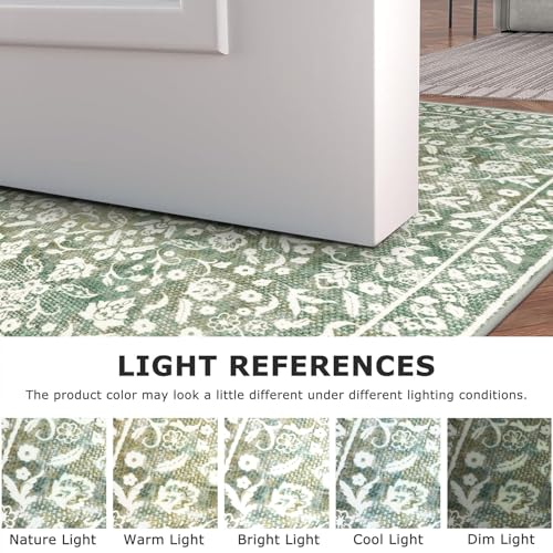 Vintage Entryway Rug Indoor, Sage Green Beige Washable Rug 2x3, Small Area Rug with Non-Slip Backing, Floral Print Thin Faux Wool Super Soft Door Mat for Kitchen, Entrance, Bedroom, Office - color: Muted Sage Green With Beige Accents, size: 2' x 3' (Recta