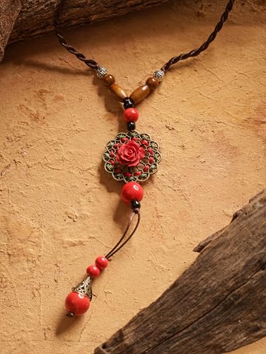MINACHI Vintage Bohemian Colorful Ceramic Bead Antique Flower Y Necklace, Vintage Boho Hippie Statement Jewelry Gift for Women - color: S07B