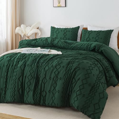 Andency King Size Comforter Set, 3 Pieces Dark Emerald Green Boho Tufted Geometric Shabby Chic Bedding, Soft Fluffy Farmhouse Bed Set, Jacquard Textured Comforter for All Season (104x90 Inch) - color: 02 - Emerald, size: King(104"x90")