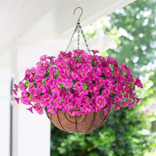 2 Set Artificial Hanging Flowers Baskets Fake Plants for Outdoors Spring Porch Decor, 24 Pcs UV Resistant Faux Silk Morning Glory Eucalyptus with 2 Hanging Planters Realistic for Outside Patio Outdoor - color: Fuchsia
