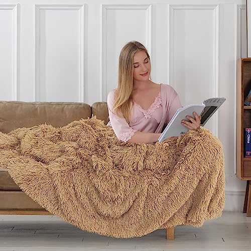 Tuddrom Decorative Extra Soft Faux Fur Blanket Queen Size 80" x 90",Solid Reversible Fuzzy Fluffy Cozy Plush Fleece Comfy Microfiber Fur Blanket for Couch Sofa Bed,Camel - color: Camel, size: Queen-80" x 90"