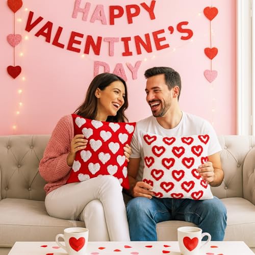 Fourluoo 4 Pcs Valentine's Day Throw Pillow Covers 18x18 Inch Soft Heart Decorative Pillowcase Plush White Red Soft Plush Pillow Covers Cushion Case Decorations for Sofa Living Room Valentine Gift - style: Heart