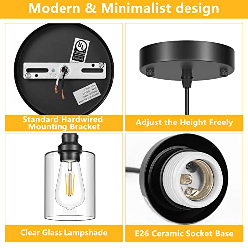 Licperron 3 Pack Hanging Pendant Lighting Fixtures, Adjustable Black Hanging Ceiling Lamp with Clear Glass Shade, Modern Pendant Light for Kitchen Island, Dining Room, Bedroom, Hallway - size: 3-Pack