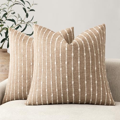 Foindtower Pack of 2 Decorative Jacquard Boucle Throw Pillow Covers Accent Textured Striped Pillowcases Soft Cozy Boho Modern Cushion for Couch Sofa Bedroom Living Room Home Decor 20x20 Inch Camel - color: Camel, size: 20" x 20" (Pack of 2)
