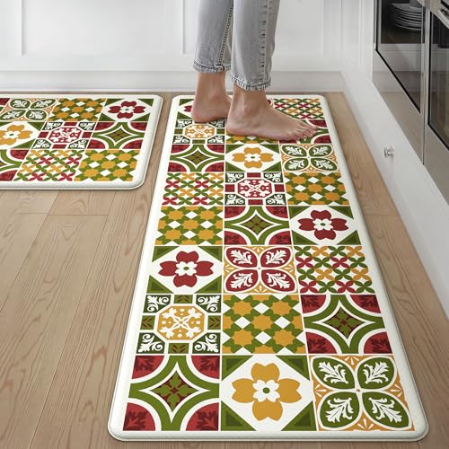 GENIMO Anti Fatigue Kitchen Mats for Floor, Cushioned Non Slip Kitchen Rug, Waterproof Kitchen Floor Mat Runner, Kitchen Mat for Laundry, Sink, Office, Entryway, 17.3"x47"+17.3"x30", Green - color: Light Green, size: 17.3"x47"+17.3"x30"