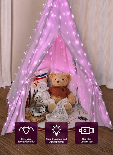 Brightown 300 LED Pink Fairy Curtain Lights, 9.8ft x 9.8ft String Lights, USB Plug in 8 Lighting Modes Christmas String Hanging Lights with Remote for Bedroom Indoor Outdoor Party Xmas Pink 1 Pack - color: Pink, size: 1 Pack-300 LED-USB Plug