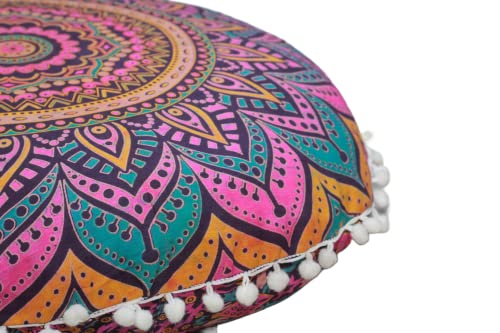 Round Mandala Floor Pillow Cover Seating Cushion Throw Cover Ottoman Pouf Cover Pom Pom Pillow Cases Hippie Decorative Bohemian Boho Indian 22 Inches (New Pink) - color: New Pink