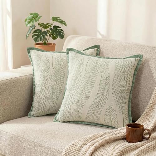 Floral Spring Throw Pillow Covers 20x20 Set of 2 Chenille Velvet Decorative Pillows for Bed Couch Living Room William Morris Farmhouse Cushion Covers Sage Green and White - color: Leaf Green, size: 20" x 20" (Pack of 2)