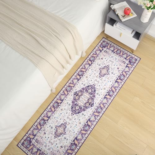 Amearea Vintage Design Area Rugs for Living Room, 2x6 Machine Washable Floral Collection Traditional Bedroom Rug, Low Pile Cute Kids Room Print Carpet, No Slip Office Kitchen Home Decor, Purple - color: Purple, size: 2' X 6' (Runner)