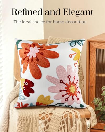 Embroidered Throw Pillow Cover - 18x18 Decorative Pillow Cover with Zipper Aesthetic Cute Design Boho Spring Summer Cozy Throw Pillowcase for Living Room Couch Sofa Bed, Artistic Flowers - color: Artistic Flowers, size: 18" x 18" (Pack of 1)
