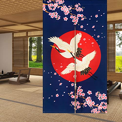LIGICKY Noren Doorway Curtain Japanese Style White Cranes Red Sun Cherryblossom Printed Cotton Linen Window Treatment Door Tapestry for Home Decoration 33.5" Width x 59" Long - color: Navy Blue, size: 33.5"W x 59"L (Pack of 1)