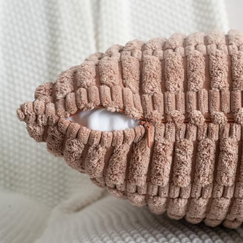 Decorative Throw Pillow Covers 18x18 Inch Set of 2, Corduroy Soft Striped Boho Couch Pillow Covers Modern Farmhouse Home Decor for Sofa Neutral Living Room Bed Light Brown - color: Light Brown, size: 18" x 18" (Pack of 2)