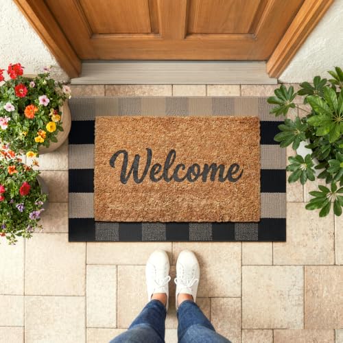KIMODE Front Door Mat 24"x35",Black and Tan Checkered Small Outdoor Rug,Farmhouse Fall Front Porch Rug Decor,Cotton Woven Washable Layered Doormats for Front Door Outside Entrance Kitchen - color: Black/Brown, size: 2' x 3' (Rectangular)