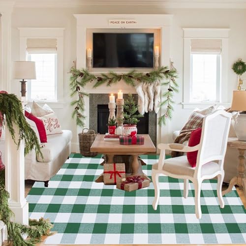 Green & White Christmas Plaid Rug, 4' x 6' Check Indoor/Outdoor Area Rug, Hello/Welcome Door Mat Layering Rug, Machine Washable Cotton Woven Rugs for Farmhouse Front Porch, Entryway - color: Green and White Plaid, size: 4' x 6' (Rectangular)