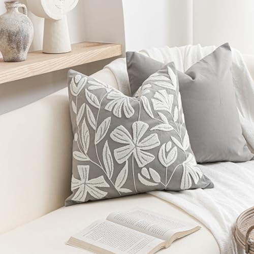BlissBlush Throw Pillow Cover 20x20 Inch, Light Gray Floral Tufted Velvet Decorative Accent Pillow Case for Sofa Bed Living Room, Cover Only - color: Light Gray, size: 20" x 20" (Pack of 1)