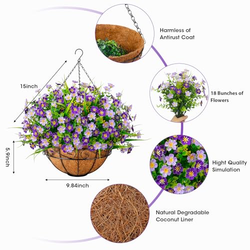 Ouddy Decor Artificial Hanging Flowers with Basket, Faux Silk Flowers in Coconut Lining Basket, Spring Summer Outdoor Decor Fake Hanging Plants for Garden Patio Yard Porch Lawn, Purple - color: Purple