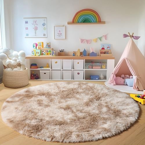 ONASAR Tie-Dye Beige Round Area Rug 4ft, Soft Bedroom Circle Rugs Floor Mats for Kids Girls Teen Room, Kawaii Fluffy Plush Shaggy Carpet for Baby Nursery Living Room Playroom Home Decor - color: Tie-dyed Light Beige, size: 4' (Round)