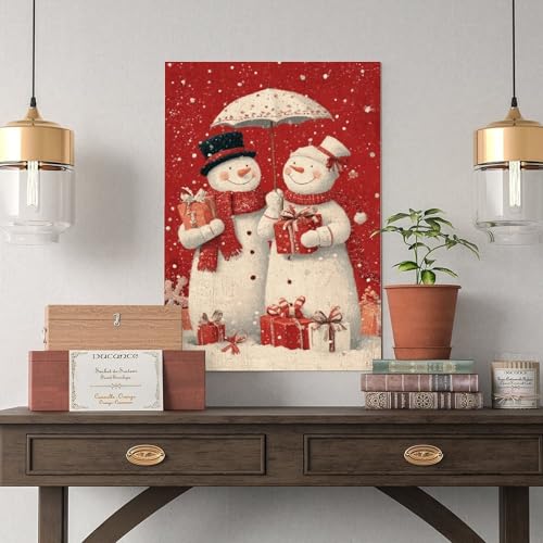 JDBeehpy Snowman Couple Holding Gifts Under Umbrella Frame Canvas Print Poster Christmas Wall Artwork Painting Warm, Holiday Home Decor Mural 20x30inch(50x75cm) - color: Umbrella Frame, size: 30L" x 20W"