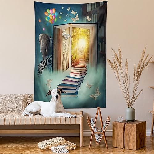 Ambesonne Fantasy Tapestry, Upstairs to Magic Book Forest Balloon Zebra Animal Butterflies, Wall Hanging for Bedroom Living Room Dorm Decor, 40" X 60", Teal Yellow - color: Teal and Yellow, size: 60"L x 40"W