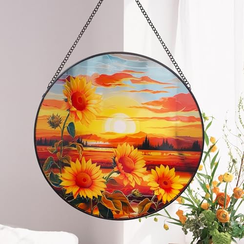 Sunflower Suncatcher Hanging Stained Glass Window Decor, Sunset Sun Catcher Wall Decor for Flower Lovers, Birthday Christmas Thanksgiving Sunflower Gift (25cm/9.8'') - color: Sunflower